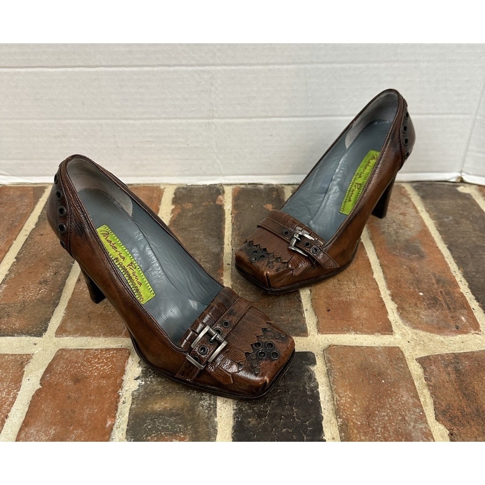 MATERIA PRIMA Brown Leather Heels Square Toe Loafer Pumps Grommet Detail 6.5